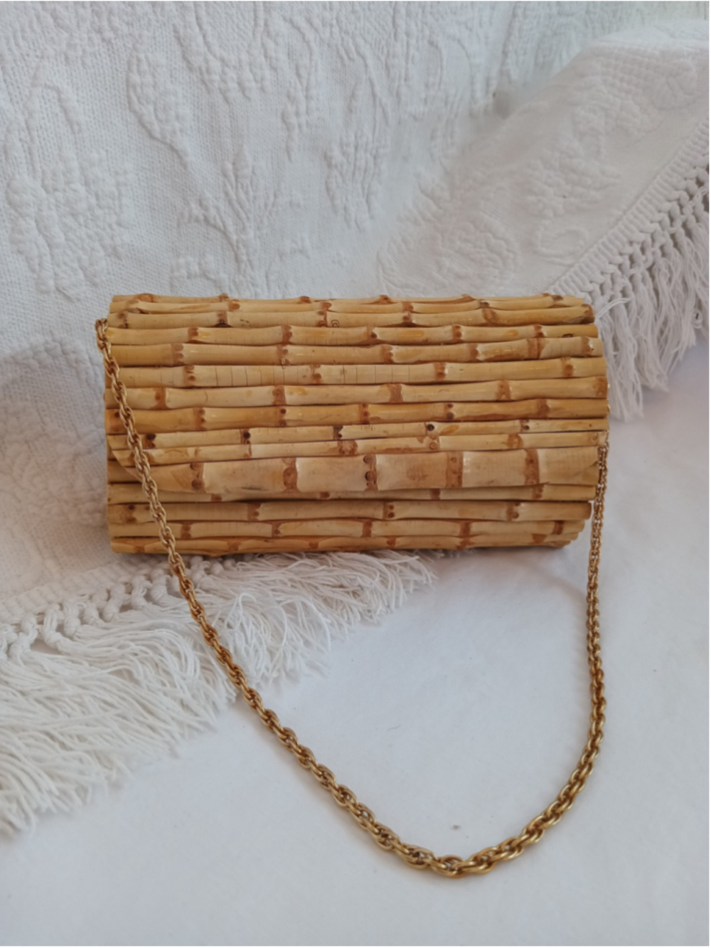 Ann Taylor Classic Bamboo Minaudière Clutch vintage 90s fun kitsch natural wood - Picture 11 of 11
